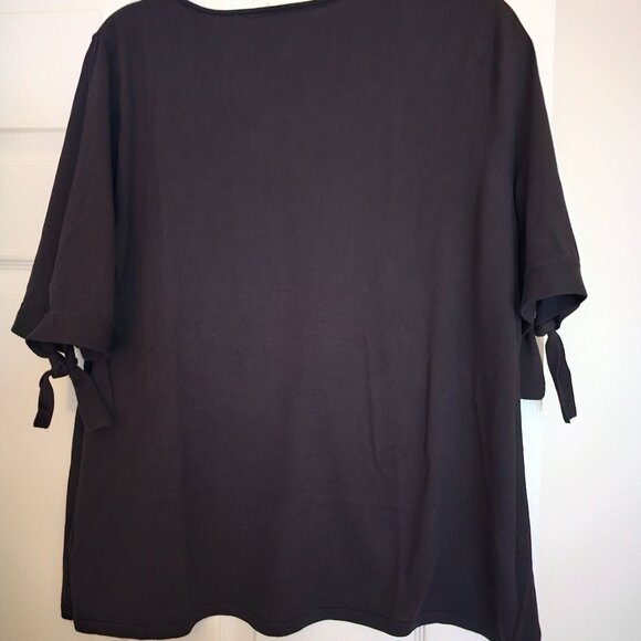 Talbots Womens Black Embroidered Floral Lt Sweater W/ Tie Sleeves Romantic READ - Picture 2 of 9